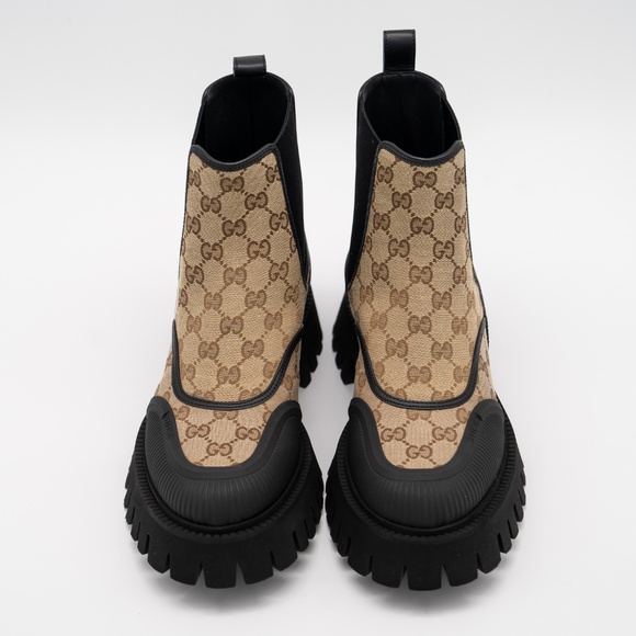 size 9G 9.5 US Gucci Boots Chelsea Beige Brown Black Canvas Ankle GG Monogram - Picture 3 of 11